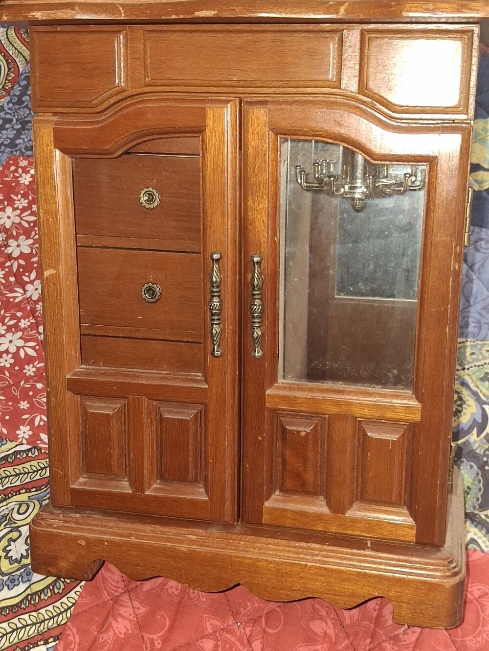 Vintage Brown Wooden Jewelry Armoire with Mirror